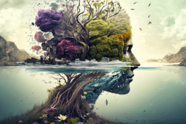 An abstract image of a feminine face gazing to the right. Her head is halfway submerged in a sea, and her head morphs into a green and purple tree with a swirling root structure. Below the surface the roots continue to swirl and merge with the neck. The sky is lightly cloudy and the image is framed by mountains in the distance.