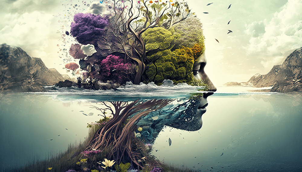 An abstract image of a feminine face gazing to the right. Her head is halfway submerged in a sea, and her head morphs into a green and purple tree with a swirling root structure. Below the surface the roots continue to swirl and merge with the neck. The sky is lightly cloudy and the image is framed by mountains in the distance.